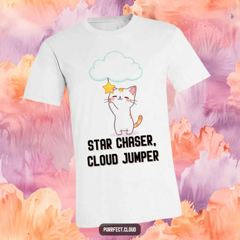 Funny Playful Cat T-Shirt depicting a cat actively batting at a star dangling from a cloud, capturing a moment of fun.