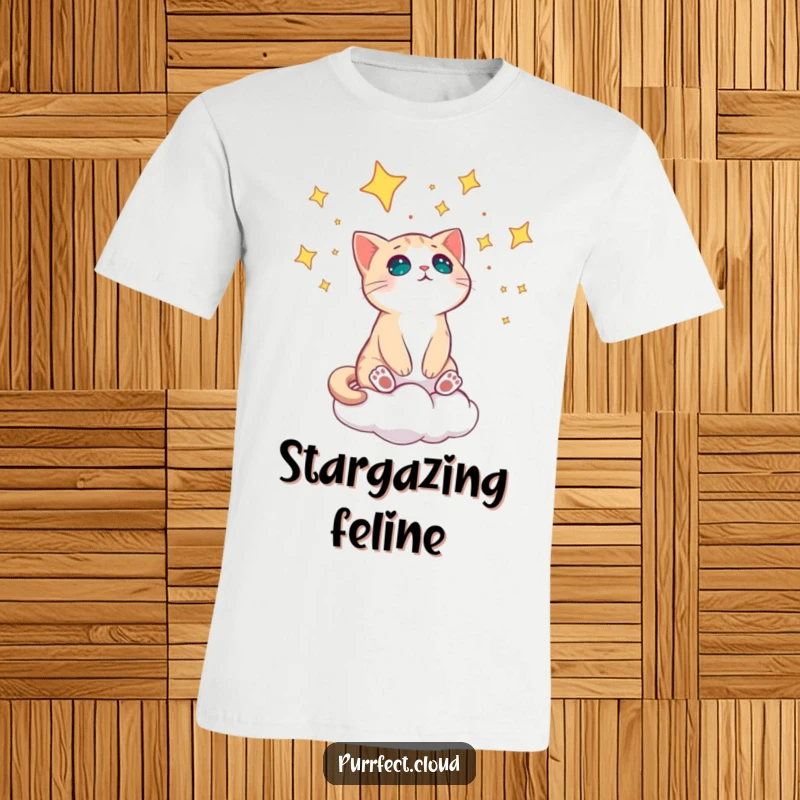 Funny cat on a cloud staring in amazement at the stars on a comfortable t-shirt.