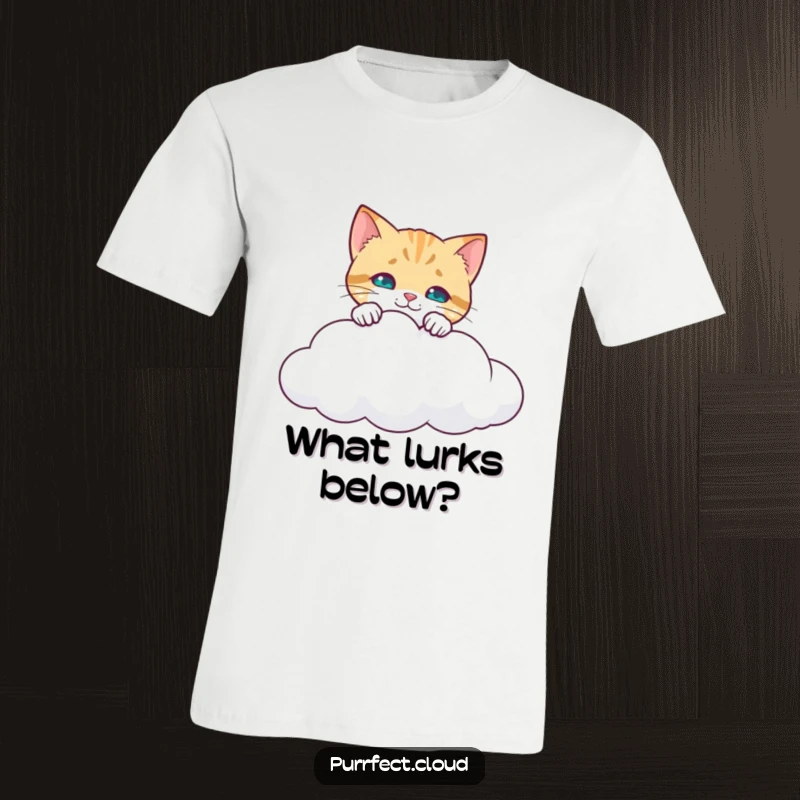 Funny Curious Cat T-Shirt: A cat peering over a cloud's edge, looking down with wide-eyed curiosity, perfect for the explorer. A funny gift.