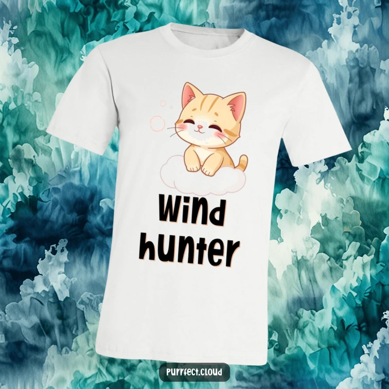 Funny cat on a cloud, humorously trying to grab a puff of wind on a soft t-shirt.