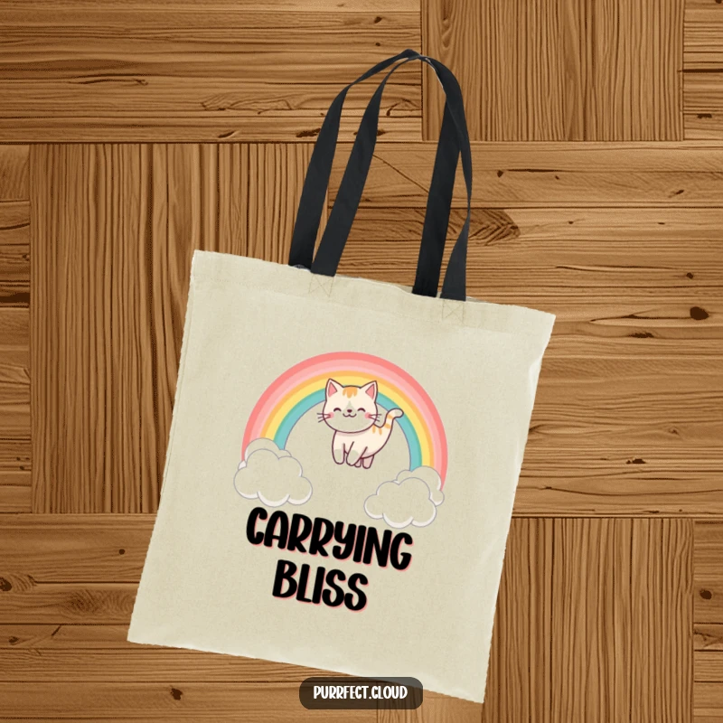 Funny rainbow sliding cat tote bag, showing a happy cat sliding down a colorful rainbow above clouds, a cheerful and practical accessory.