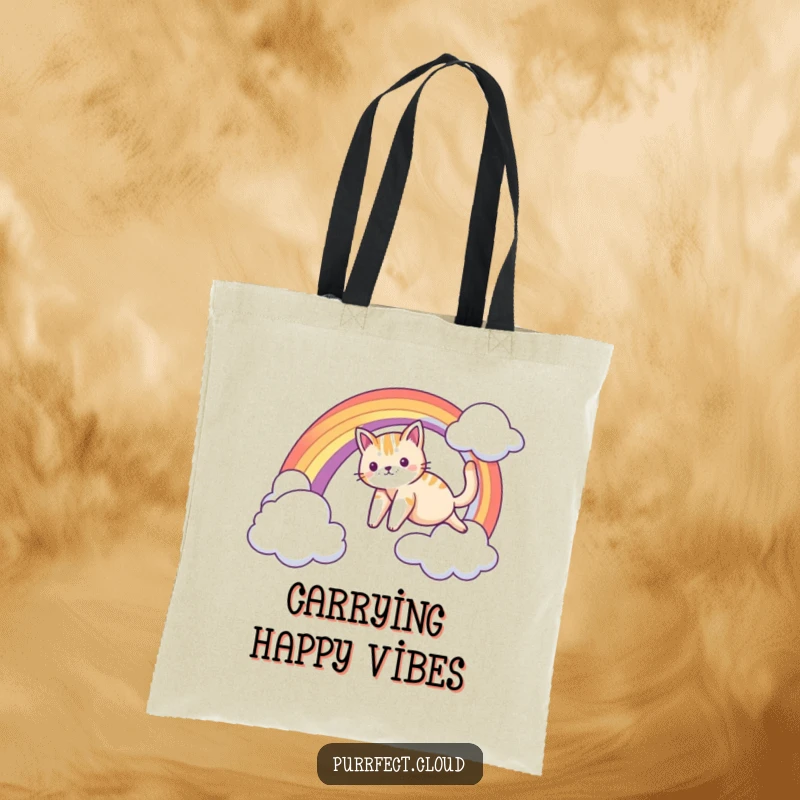 Funny tote bag featuring a cat sliding down a rainbow arc, ideal for carrying essentials with whimsical charm.