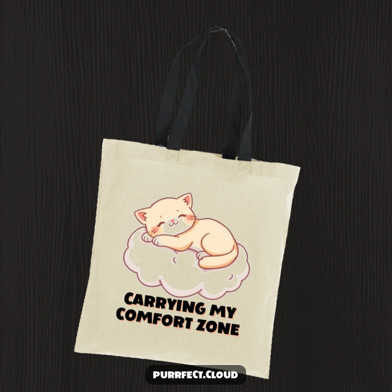 Funny cat stretching lazily on a soft cotton cloud, illustrated on a practical tote bag, great for shopping.