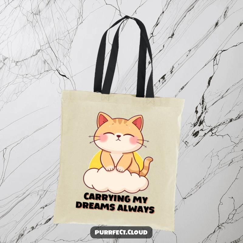 Funny cat tote bag, showing a cat napping on a soft sunset cloud, vibrant and whimsical carry-all.