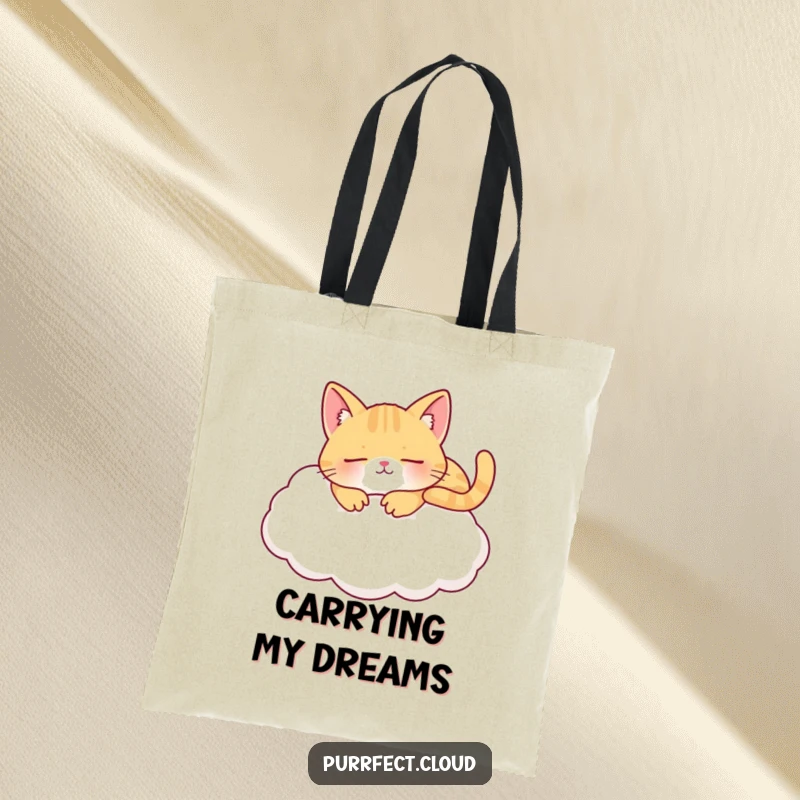 Funny napping cat cloud tote bag with a content cat sleeping on a cloud, great for shopping and cat lovers.