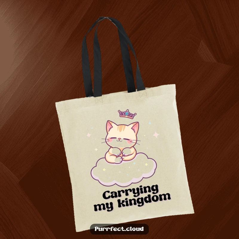 Funny regal cat tote bag with a cat lounging regally on a cloud decorated with sparkles, a luxurious and practical accessory.