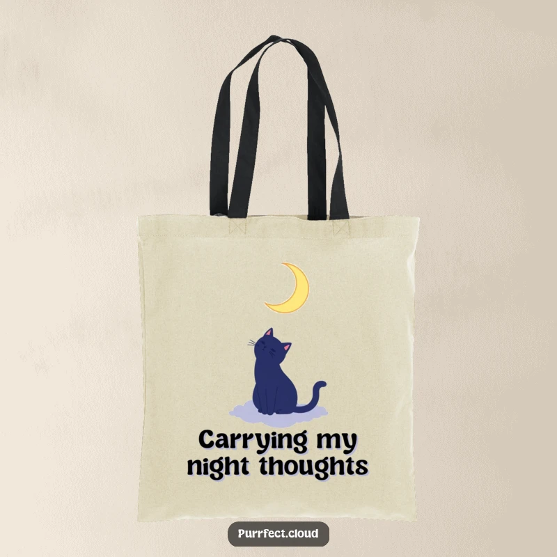 Funny cat silhouette tote bag with a cat on a cloud looking up at a crescent moon, a magical and practical accessory.
