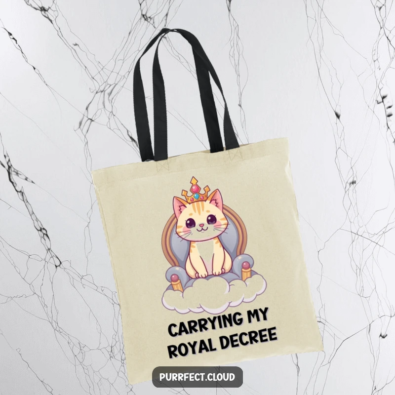 Funny cat tote bag, a cat reigns from a cloud throne, stylish and humorous accessory.