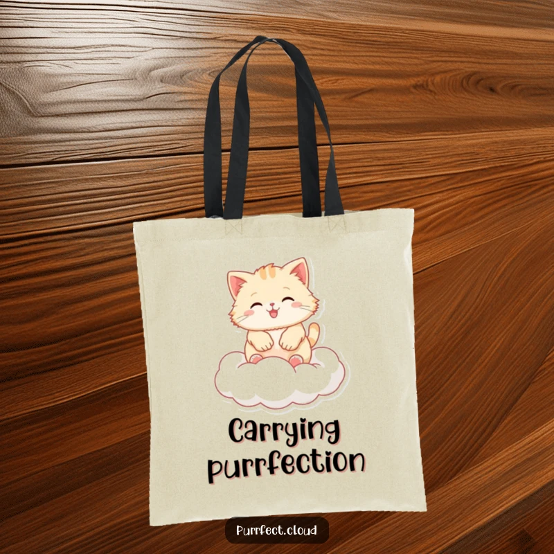 Funny fluffy cat tote bag, showcasing a cat bouncing with glee on a soft, ethereal cloud.