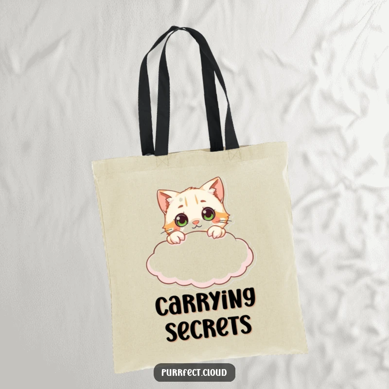 Funny curious cat cloud tote bag, depicting a cat peeking over a cloud with wide eyes, a stylish and whimsical accessory for the curious.