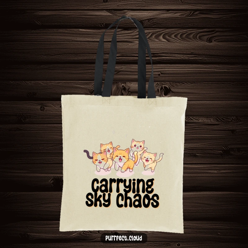 Funny Cat Tote Bag: A vibrant depiction of cats playfully frolicking across a cloud-filled sky, showcasing fun and freedom, a charming gift.