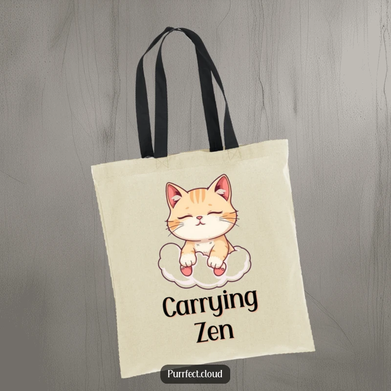 Funny cat tote bag, with closed eyes, enjoying a cloud ride, perfect for carrying essentials with a calming humor.