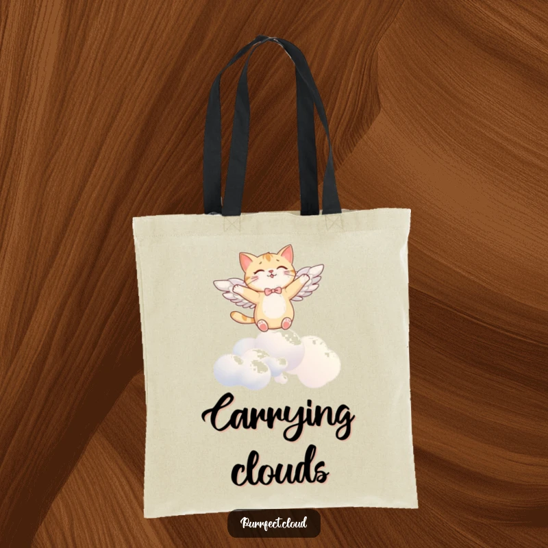 Funny angel cat tote bag, with wings, soaring joyfully above clouds, perfect for carrying essentials with a touch of humor.
