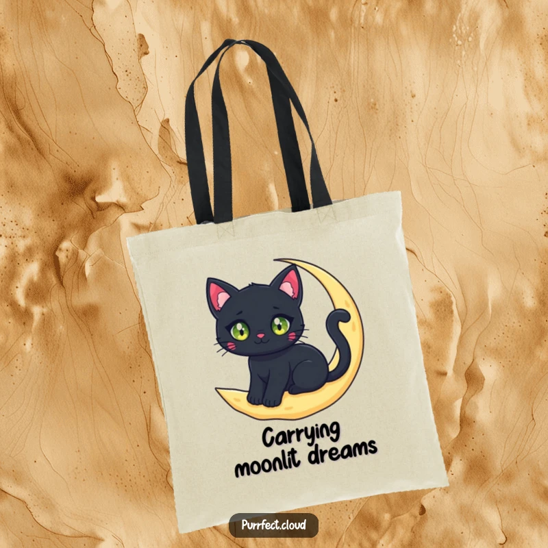 A black cat character with sparkling eyes sits on a crescent moon cloud on this durable and funny tote bag.