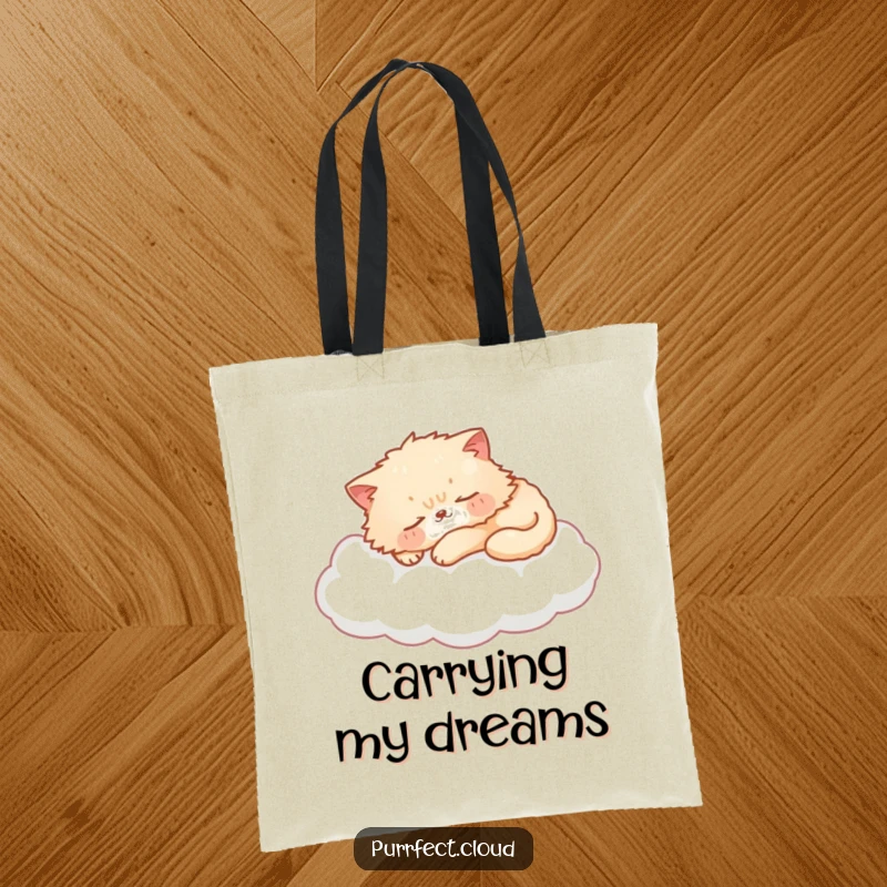 Funny cat tote bag with a fluffy cat sleeping on a soft cloud, cute and whimsical, perfect for daily use, a great funny gift.