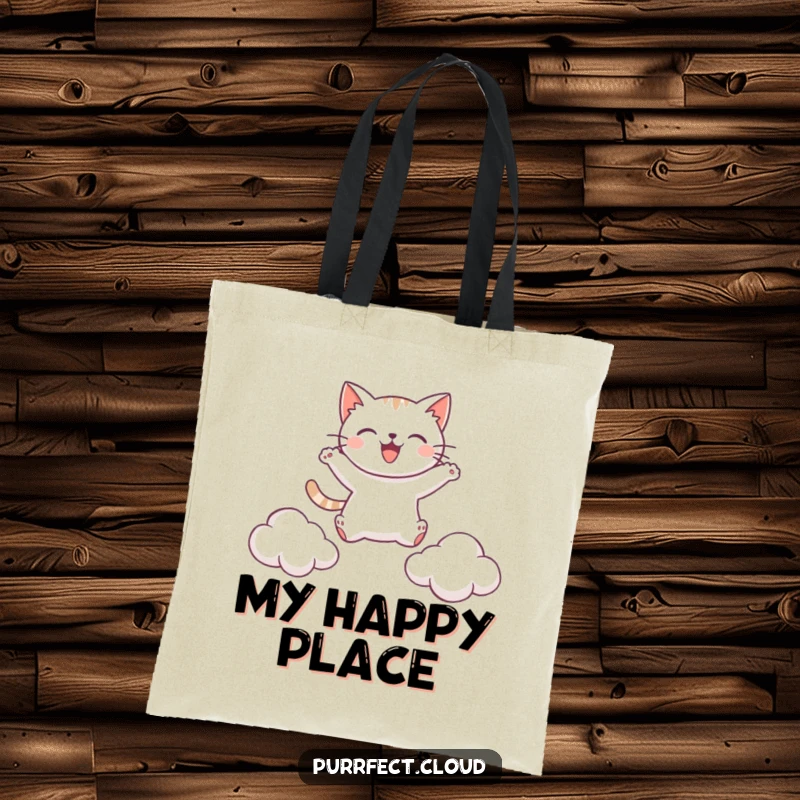 Funny tote bag with a happy cat mid-leap between two fluffy clouds, symbolizing joy and playful movement.