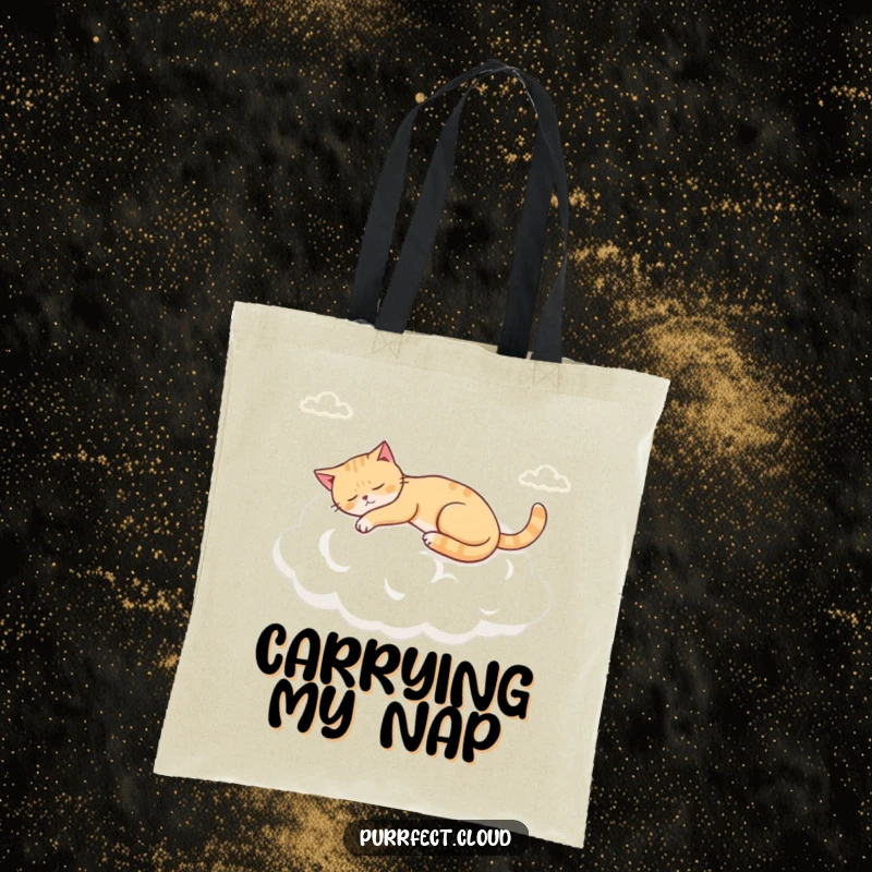 Funny napping cloud cat tote bag, depicting a cat in deep sleep atop a fluffy cloud.