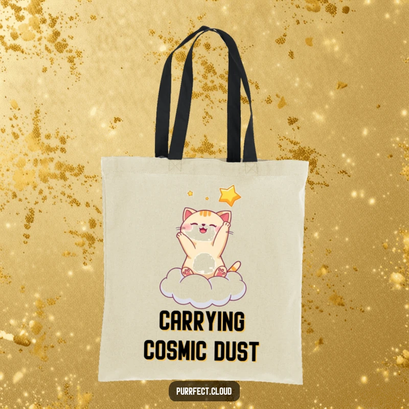 Funny playful cat star tote bag with a cat batting at a star on a cloud, great for shopping and celestial lovers.