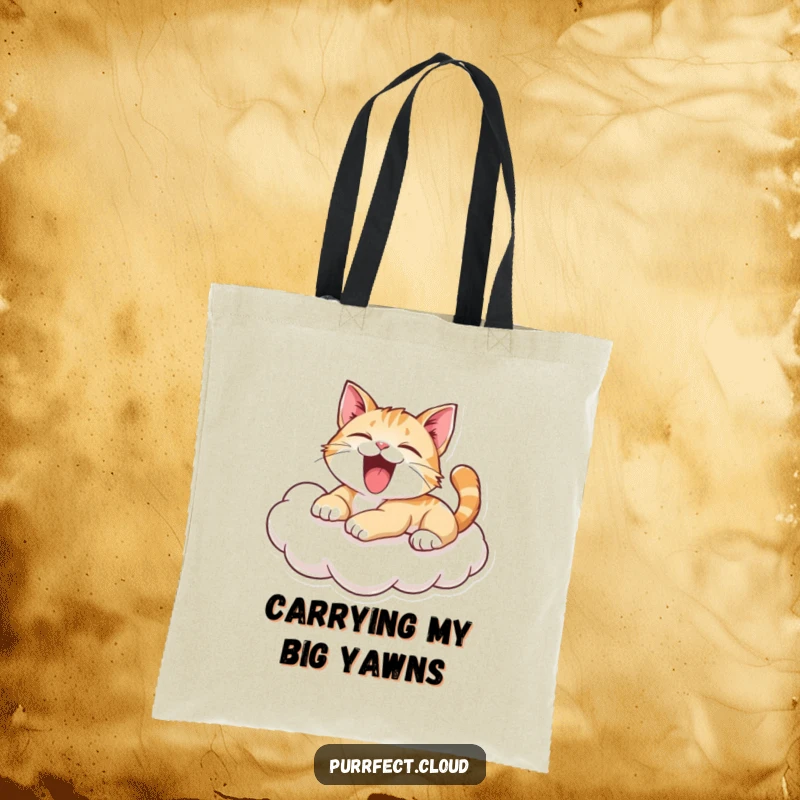Funny Yawning Cat Tote Bag: Playful cat mid-yawn lounging on a cloud, practical for carrying items with a dose of humor. A funny gift.