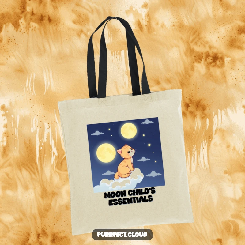 Funny cat tote bag, a cat watches the moon from a cloud, whimsical and practical accessory.