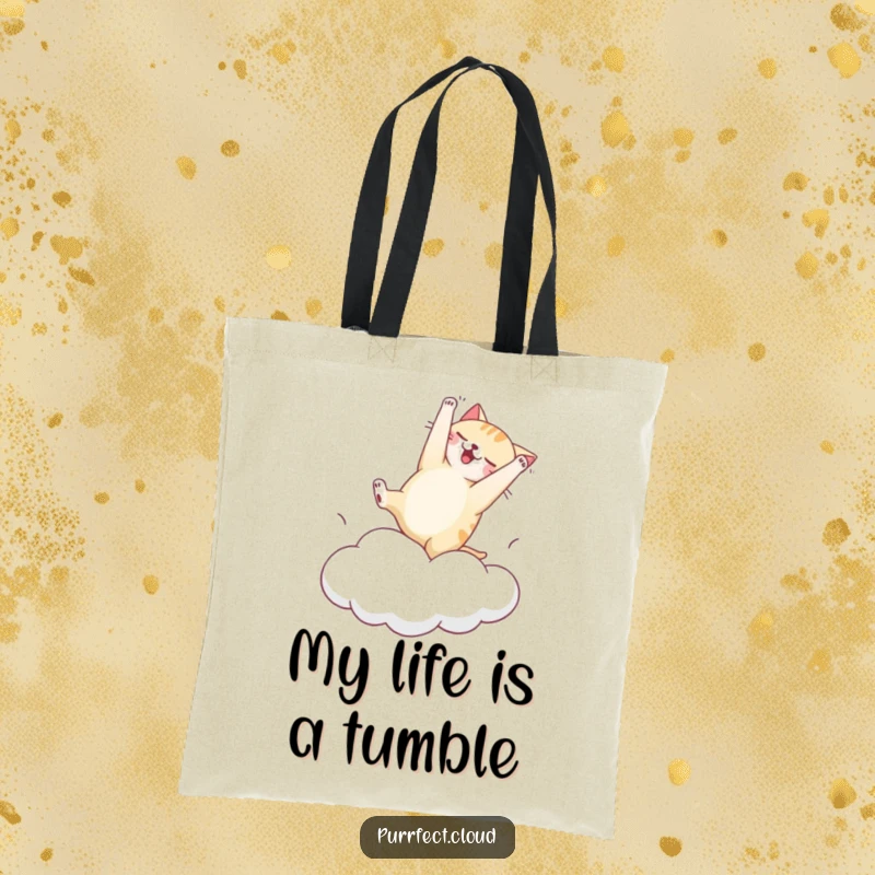 Funny tote bag with a cat hilariously attempting a somersault on a bouncy cloud, perfect for carrying your day's adventures with humor.